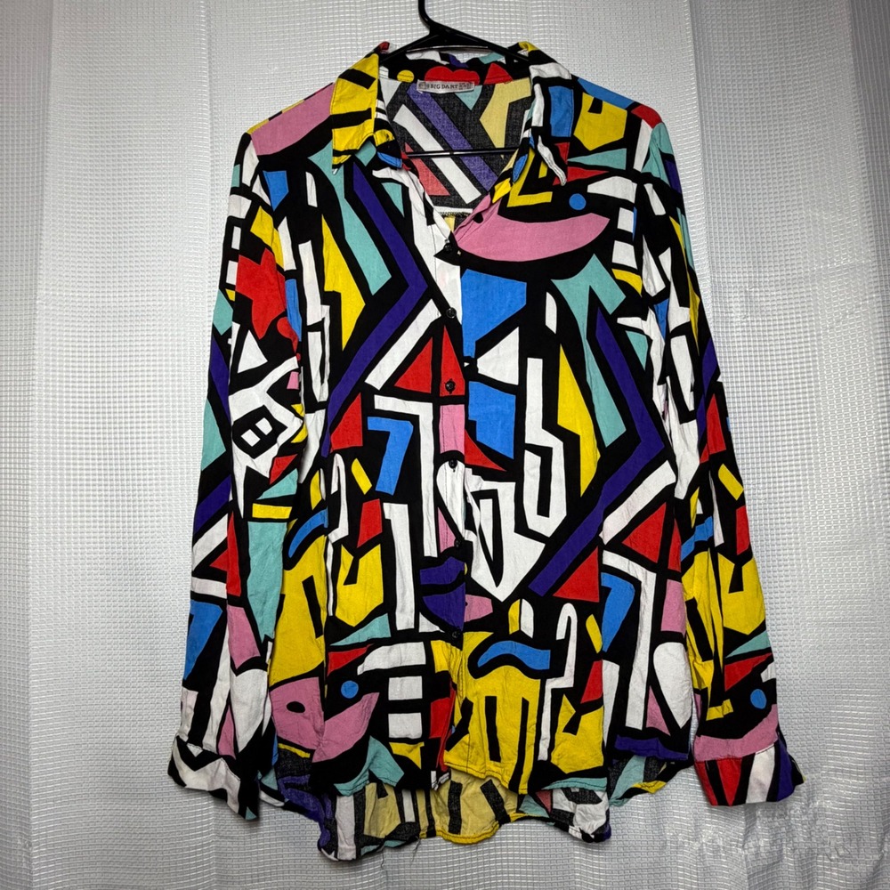 Big Dart Button‎ Down Shirt 14 Multicolor Abstract Geometric Pop Art Print